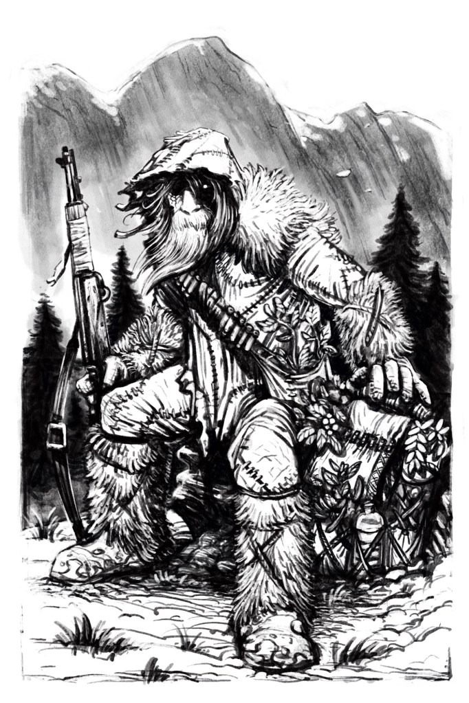 A weathered mountain man with one eye shrouded in shadow, glares at the camera while he sits in his winter furs holding a post-apocalyptic rifle.